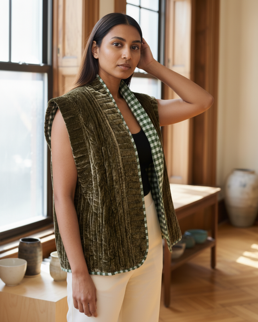 Chaleco reversible de terciopelo con mangas casquillo